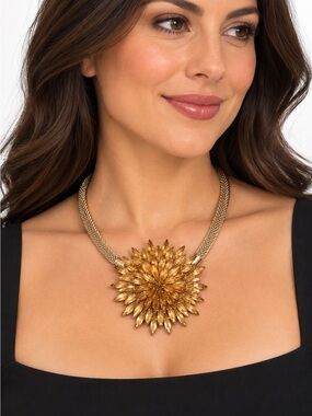 Vintage Gold Tone Mesh Flower Statement Necklace Amber Petal Bib